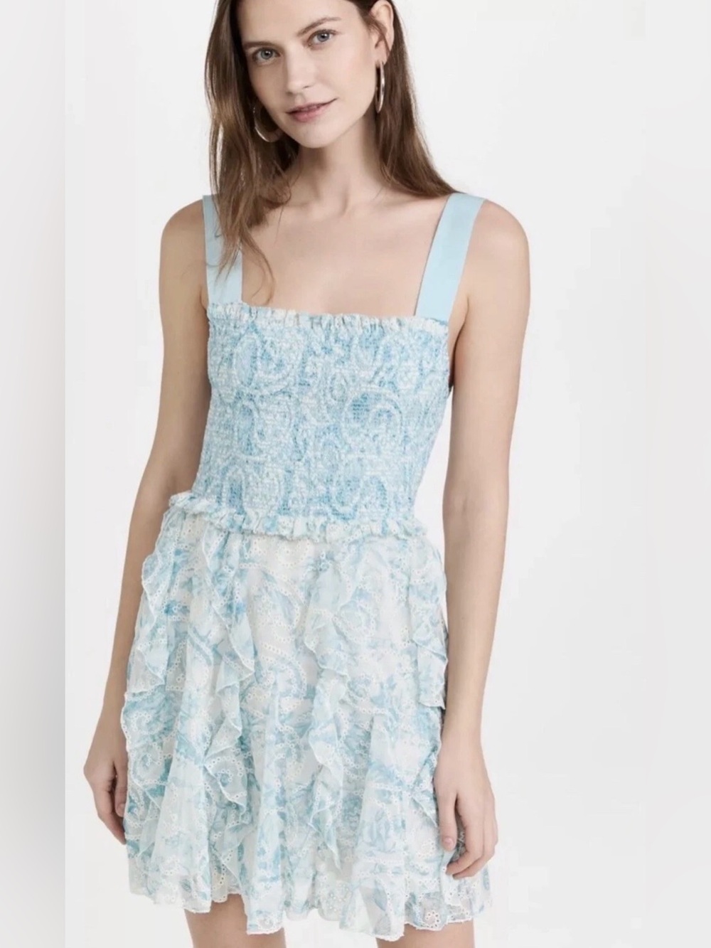 ALICE + OLIVIA Jocelyn Smocked Mini Dress Blue Off White Eyelet Ruffle Sz 12